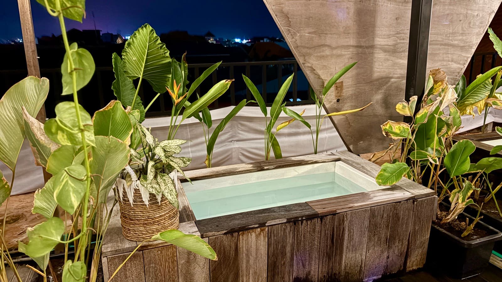 An ice bath tub among the plants, Kuta skyline at night