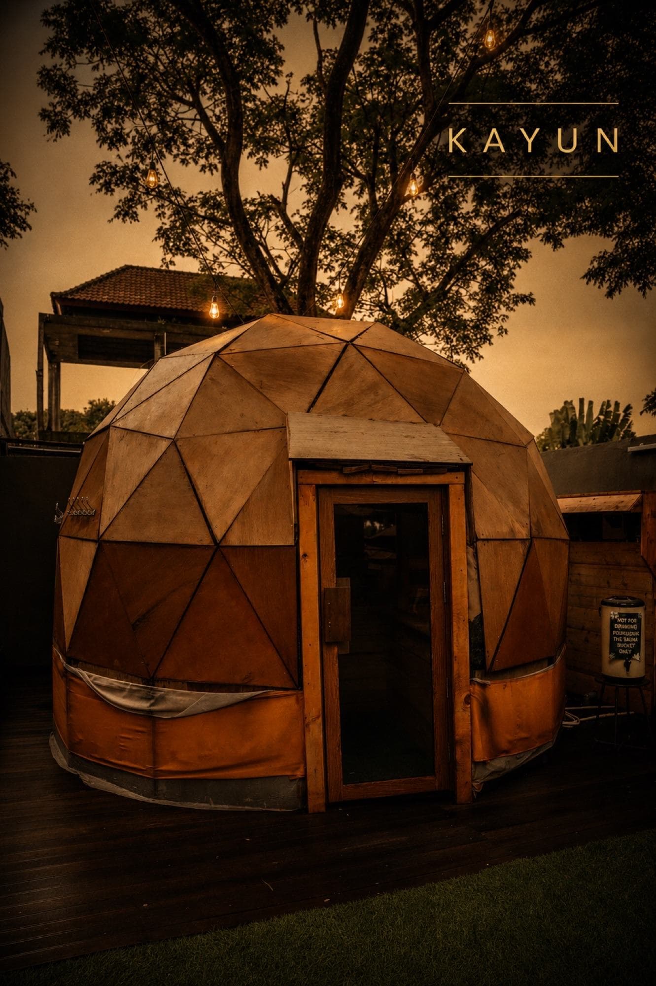 Geodesic dome sauna under the trees in the Mas forest